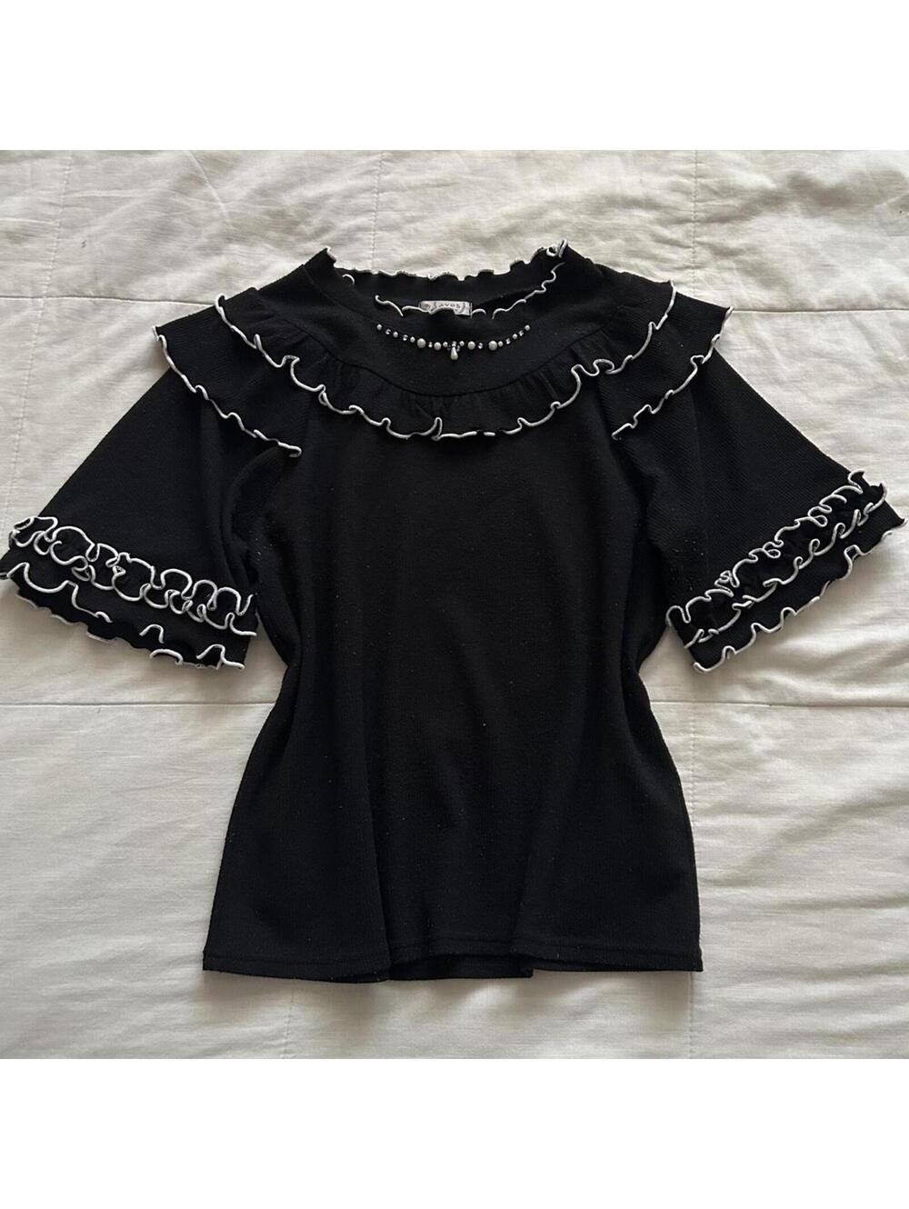 Axes Femme black knit top with contrast ruffle trim gothic coquette